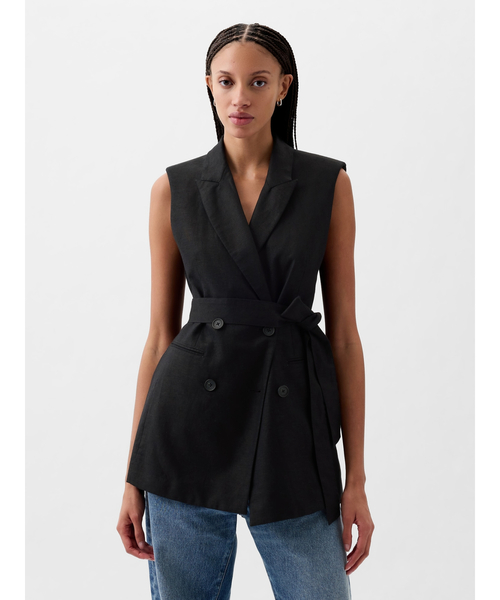 GAP(ギャップ)の「コットンリネン ベルト付きベストジャケット(テーラードジャケット・レディース・ベージュ/ブラック・L/XXS/XS/S/M)」の2枚目の写真