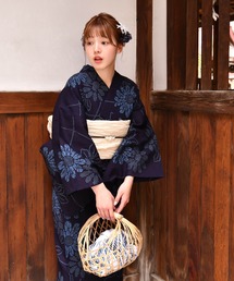手染め注染浴衣3点セット utatane×注染工房 藍色の古典菊流水（浴衣