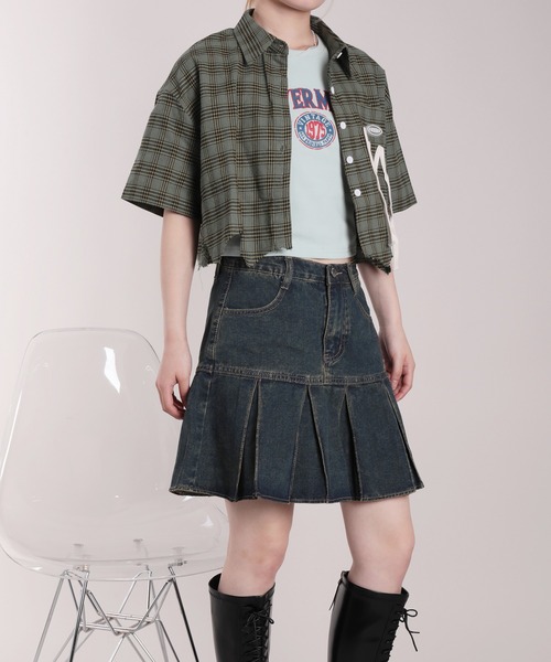 HOOK（フック）の「【HOOK】for girls　定番　無地ボックスプリーツミニスカート　デニム/コットン（スカート・レディース・ピンク/ブルー・S/M/L）」の12枚目の写真