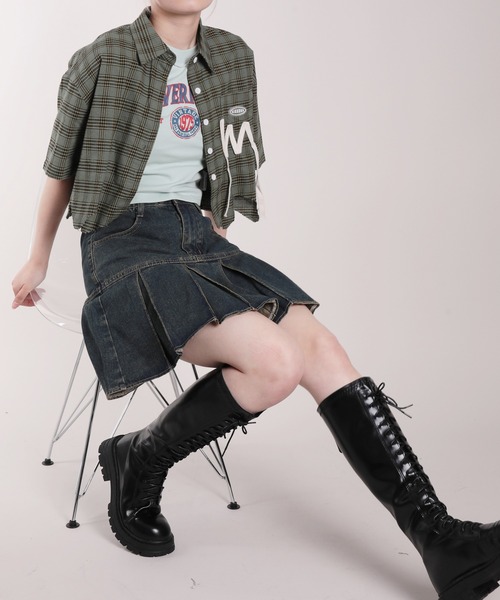 HOOK（フック）の「【HOOK】for girls　定番　無地ボックスプリーツミニスカート　デニム/コットン（スカート・レディース・ピンク/ブルー・S/M/L）」の13枚目の写真