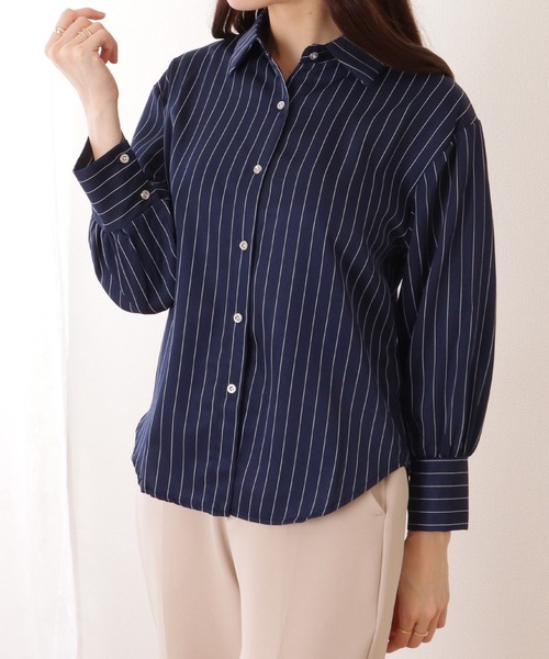 Lace Ladies（レースレディース）の「ピンストライプ柄 7分袖 前開き シフォン ブラウス（シャツ/ブラウス・レディース・ブルー/ホワイト・S/M/XL）」の3枚目の写真