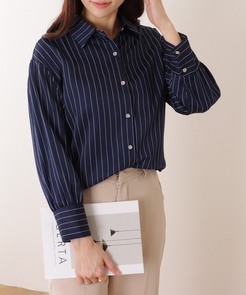 Lace Ladies（レースレディース）の「ピンストライプ柄 7分袖 前開き シフォン ブラウス（シャツ/ブラウス・レディース・ブルー/ホワイト・S/M/XL）」の6枚目の写真