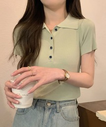 ポロカラー半袖リブニット