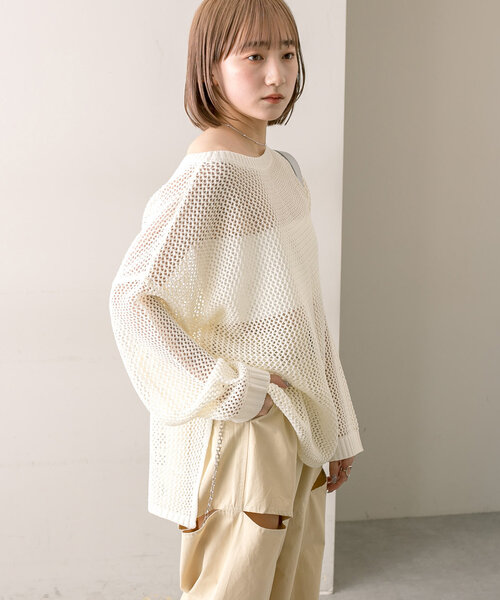 mline（エムライン）の「【3色展開】[mline]メッシュニット（ニット/セーター・レディース・オフホワイト/イエロー/ピンク・FREE）」の2枚目の写真