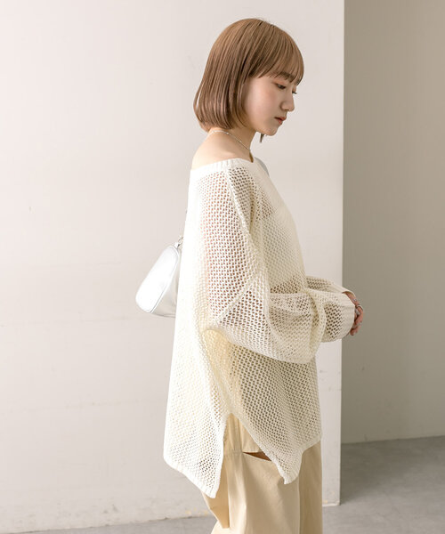 mline（エムライン）の「【3色展開】[mline]メッシュニット（ニット/セーター・レディース・オフホワイト/イエロー/ピンク・FREE）」の4枚目の写真