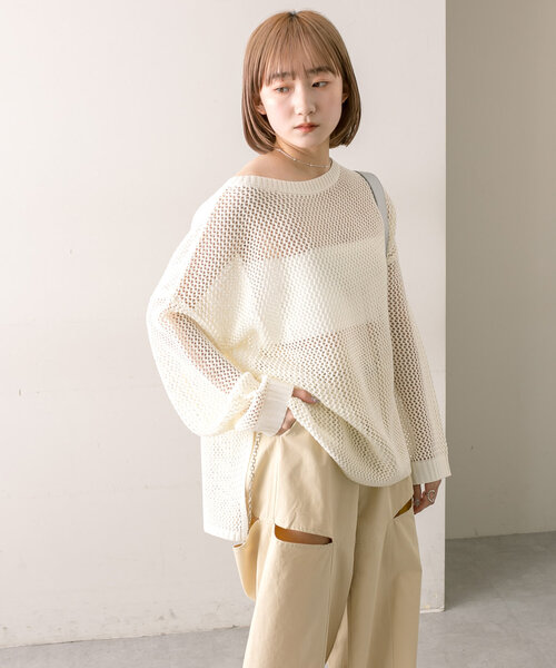 mline（エムライン）の「【3色展開】[mline]メッシュニット（ニット/セーター・レディース・オフホワイト/イエロー/ピンク・FREE）」の6枚目の写真