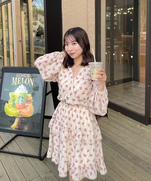 ホワイトシフォン花柄ミニワンピース 花柄 リングレース襟 シフォン ワンピース Prima Scherrer 全3色