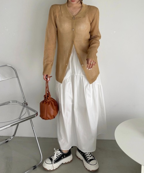 Ada.（エイダ）の「メッシュ編み ニット 襟付き カーディガン プルオーバー（ニット/セーター・レディース・ベージュ/ブラウン系/ネイビー・FREE）」の8枚目の写真