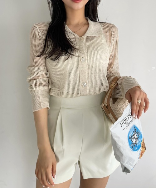 Ada.（エイダ）の「メッシュ編み ニット 襟付き カーディガン プルオーバー（ニット/セーター・レディース・ベージュ/ブラウン系/ネイビー・FREE）」の11枚目の写真