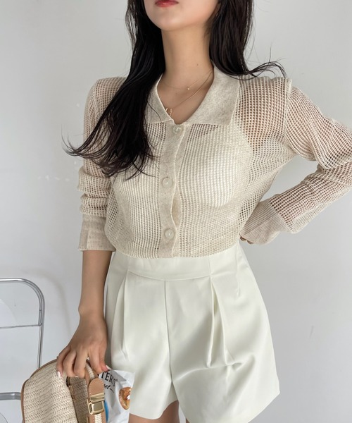 Ada.（エイダ）の「メッシュ編み ニット 襟付き カーディガン プルオーバー（ニット/セーター・レディース・ベージュ/ブラウン系/ネイビー・FREE）」の12枚目の写真