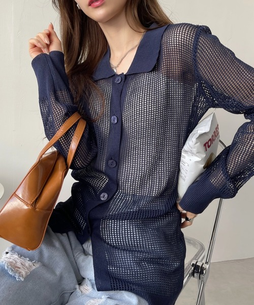 Ada.（エイダ）の「メッシュ編み ニット 襟付き カーディガン プルオーバー（ニット/セーター・レディース・ベージュ/ブラウン系/ネイビー・FREE）」の18枚目の写真