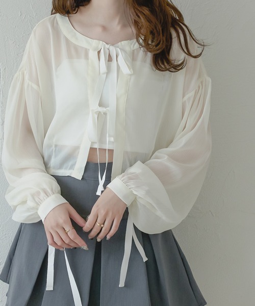 Ambre Neige(アンブルネージュ)の「ribbon sheer glitter blouse / リボンシアーラメブラウス(Tシャツ/カットソー・レディース・ライトグレー/ベージュ/アイボリー・FREE)」の2枚目の写真