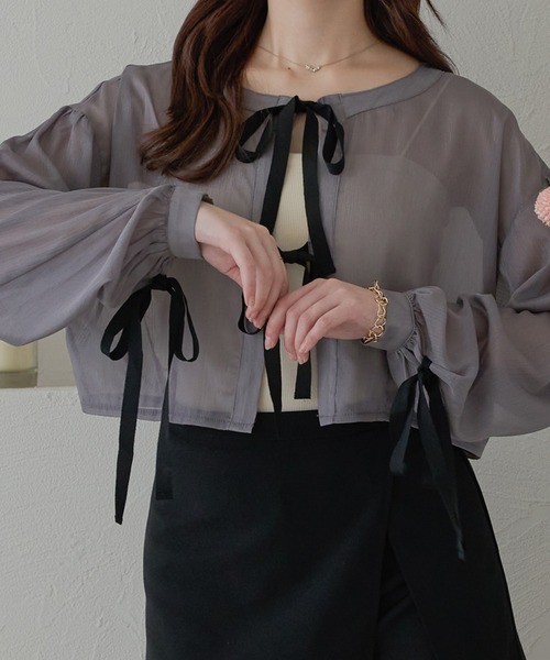 Ambre Neige(アンブルネージュ)の「ribbon sheer glitter blouse / リボンシアーラメブラウス(Tシャツ/カットソー・レディース・ライトグレー/ベージュ/アイボリー・FREE)」の3枚目の写真