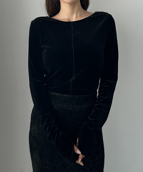 セール】【取り外し可能パット付き】バックオープンベロアトップス（T