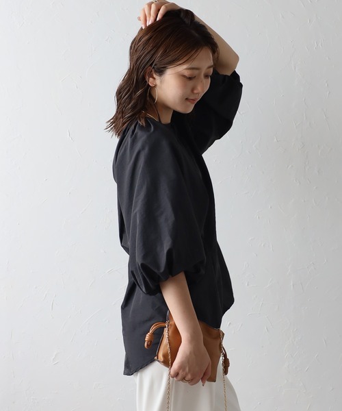 セール】バルーンスリーブノーカラーウエストタックシャツ（シャツ