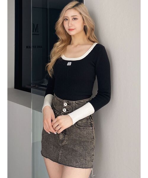 GYDA(ジェイダ)の「GYGYバイカラーニットトップス(ニット/セーター・レディース・ブラック/アイボリー/ピンク・FREE)」の2枚目の写真