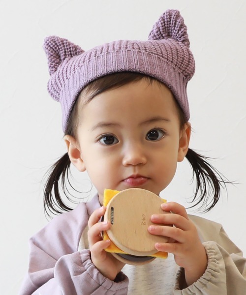 devirock（デビロック）の「洗える ベビー おでこがチクチクしない どうぶつ耳付きニット帽（ニットキャップ/ビーニー・キッズ・チャコール/アイボリー/パープル系6・46-48cm）」の3枚目の写真