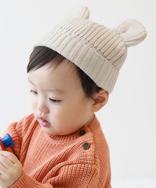 devirock（デビロック）の「洗える ベビー おでこがチクチクしない どうぶつ耳付きニット帽（ニットキャップ/ビーニー・キッズ・チャコール/アイボリー/パープル系6・46-48cm）」の2枚目の写真