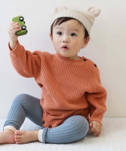 devirock（デビロック）の「洗える ベビー おでこがチクチクしない どうぶつ耳付きニット帽（ニットキャップ/ビーニー・キッズ・チャコール/アイボリー/パープル系6・46-48cm）」の4枚目の写真