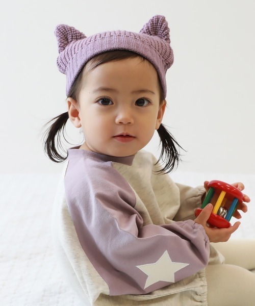 devirock（デビロック）の「洗える ベビー おでこがチクチクしない どうぶつ耳付きニット帽（ニットキャップ/ビーニー・キッズ・チャコール/アイボリー/パープル系6・46-48cm）」の8枚目の写真