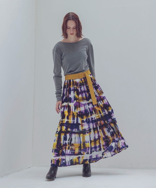 STUMBLY（スタンブリー）の「STUMBLY / Belted Pleats Skirt(ベルト付きチェック柄プリーツスカート)（スカート・レディース・パープル・36）」の7枚目の写真