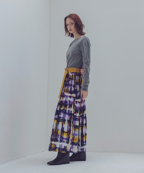 STUMBLY（スタンブリー）の「STUMBLY / Belted Pleats Skirt(ベルト付きチェック柄プリーツスカート)（スカート・レディース・パープル・36）」の8枚目の写真