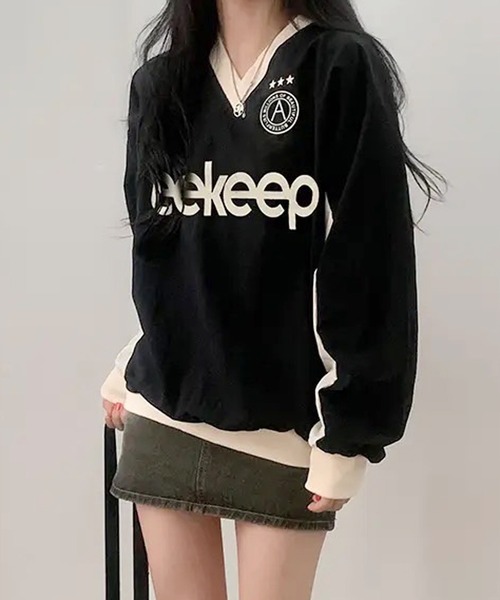 BARELY BLUE(ベアリーブルー)の「【 BARELY BLUE / ベアリーブルー 】 Vネック ユニフォーム デザイン ロンT(Tシャツ/カットソー・レディース・ブラック・S/M/L)」の1枚目の写真