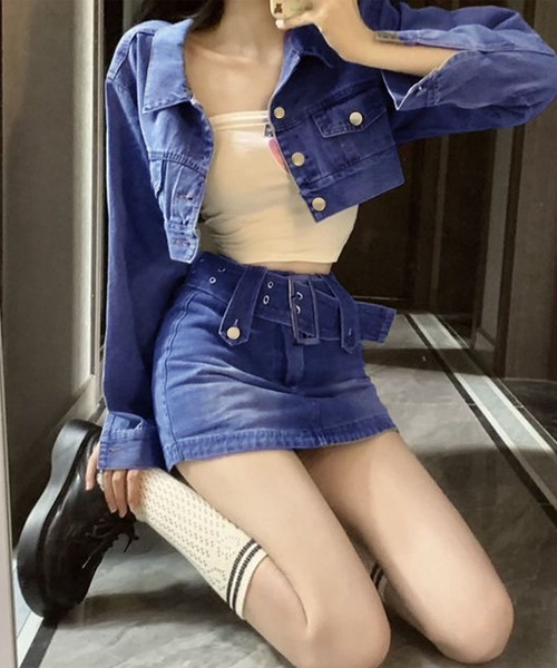 デニムベルト付ミニスカート×ショート丈Gジャンセットアップ 