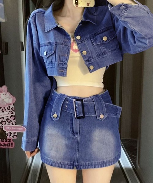 デニムベルト付ミニスカート×ショート丈Gジャンセットアップ 