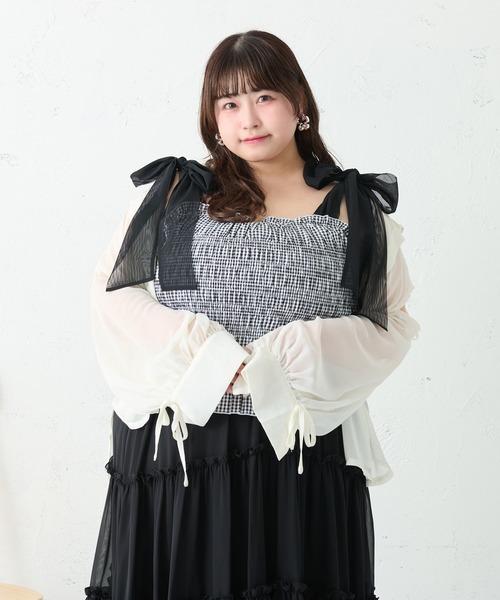 大きいサイズ】花柄チェック柄シャーリング肩リボンキャミソール