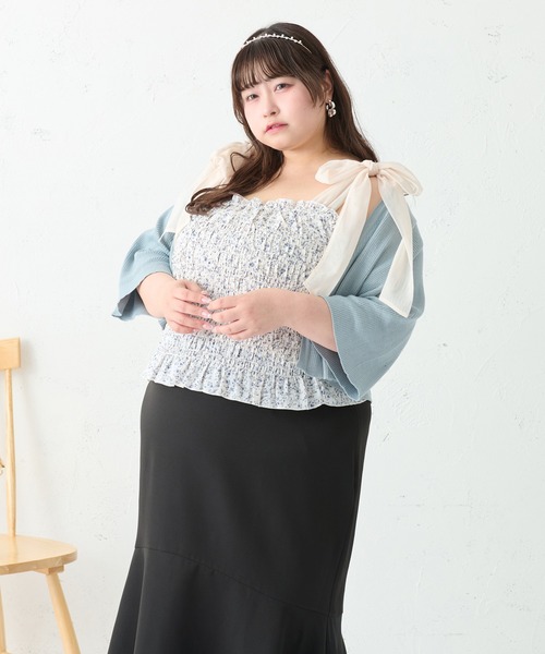 大きいサイズ】花柄チェック柄シャーリング肩リボンキャミソール