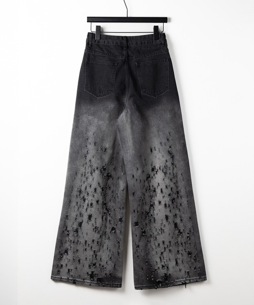 グラデーションデニム ダメージワイドレッグパンツ 2color ／ 4size 】グラデーションクラッシュダメージワイド