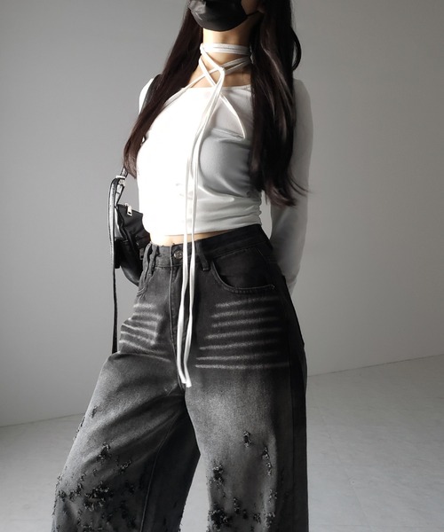 me+em select（ミームセレクト）の「※※【 ２color ／ ４size 】グラデーションクラッシュダメージワイドデニムパンツ ／ gradation crash damage wide denim pants（デニムパンツ・レディース・ブルー/ブラック・MEDIUM/SMALL/X-LARGE/LARGE）」の13枚目の写真