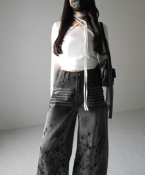 me+em select（ミームセレクト）の「※※【 ２color ／ ４size 】グラデーションクラッシュダメージワイドデニムパンツ ／ gradation crash damage wide denim pants（デニムパンツ・レディース・ブルー/ブラック・MEDIUM/SMALL/X-LARGE/LARGE）」の14枚目の写真