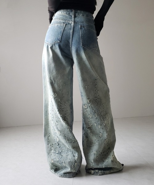 me+em select（ミームセレクト）の「※※【 ２color ／ ４size 】グラデーションクラッシュダメージワイドデニムパンツ ／ gradation crash damage wide denim pants（デニムパンツ・レディース・ブルー/ブラック・MEDIUM/SMALL/X-LARGE/LARGE）」の21枚目の写真