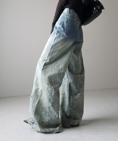 me+em select（ミームセレクト）の「※※【 ２color ／ ４size 】グラデーションクラッシュダメージワイドデニムパンツ ／ gradation crash damage wide denim pants（デニムパンツ・レディース・ブルー/ブラック・MEDIUM/SMALL/X-LARGE/LARGE）」の20枚目の写真