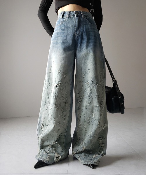 me+em select（ミームセレクト）の「※※【 ２color ／ ４size 】グラデーションクラッシュダメージワイドデニムパンツ ／ gradation crash damage wide denim pants（デニムパンツ・レディース・ブルー/ブラック・MEDIUM/SMALL/X-LARGE/LARGE）」の19枚目の写真