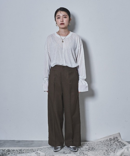 tarin arin(タリンアリン)の「【150㎝前後の小柄さんサイズ】ラッフルスリーブシアーTシャツ(Tシャツ/カットソー・レディース・チャコールグレー/ホワイト・S/M)」の10枚目の写真