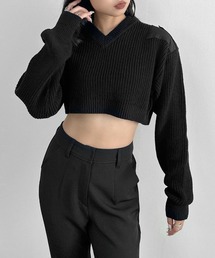 【LVEU.】ドッキングショートニット / トップス ニット ショート クロップド Vネック パッチ 肩パッチ 異素材 ブラック グレー