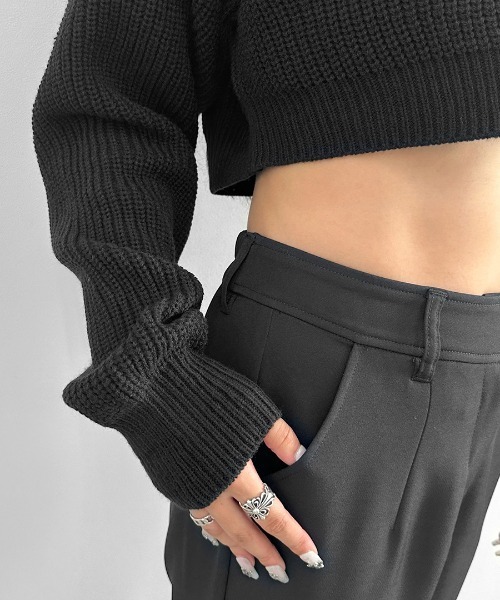 LVEU.(ラブユ.)の「【LVEU.】ドッキングショートニット / トップス ニット ショート クロップド Vネック パッチ 肩パッチ 異素材 ブラック グレー(ニット/セーター・レディース・ブラック/グレー・FREE)」の18枚目の写真