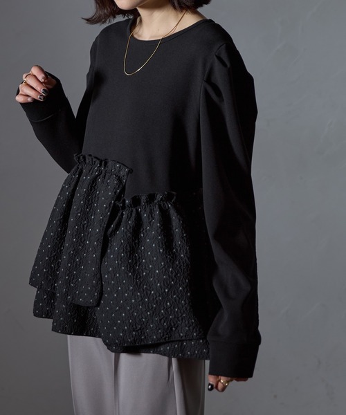 each（イーチ）の「異素材切替ドット柄ペプラムプルオーバー（Tシャツ/カットソー・レディース・モカ/アイボリー/ブラック・FREE）」の8枚目の写真
