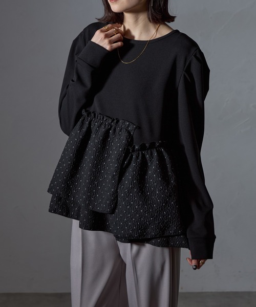each（イーチ）の「異素材切替ドット柄ペプラムプルオーバー（Tシャツ/カットソー・レディース・モカ/アイボリー/ブラック・FREE）」の11枚目の写真