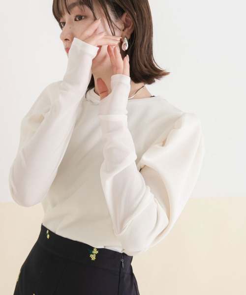 rectangle(レクタングル)の「リブパワショルシアー袖トップス(Tシャツ/カットソー・レディース・ブラック/オフホワイト・FREE)」の1枚目の写真