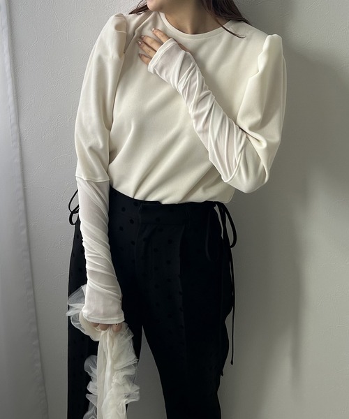 rectangle(レクタングル)の「リブパワショルシアー袖トップス(Tシャツ/カットソー・レディース・ブラック/オフホワイト・FREE)」の7枚目の写真