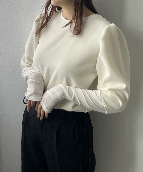 rectangle(レクタングル)の「リブパワショルシアー袖トップス(Tシャツ/カットソー・レディース・ブラック/オフホワイト・FREE)」の8枚目の写真