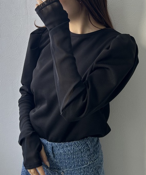 rectangle(レクタングル)の「リブパワショルシアー袖トップス(Tシャツ/カットソー・レディース・ブラック/オフホワイト・FREE)」の21枚目の写真
