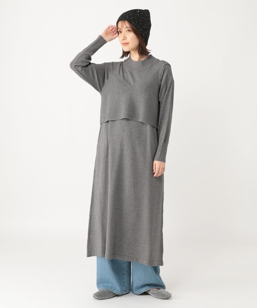 studio CLIP(スタディオクリップ)の「12ゲージニットセットワンピース(ワンピース・レディース・グレー/ライトベージュ・FREE)」の4枚目の写真