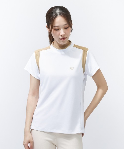 TIGORA(ティゴラ)の「ティゴラ TIGORA 遮熱UVカット鹿の子切替半袖モックシャツ(Tシャツ/カットソー・レディース・ホワイト/ブラック・S/M/L/2XL/XL)」の1枚目の写真