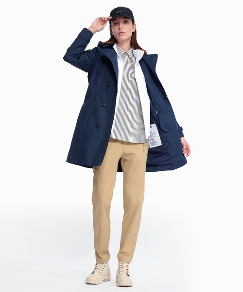 AIGLE(エーグル)の「GORE-TEX ゴアテックス 防風 防水 撥水 透湿 ダブルプレスト トレンチコート フード取り外し可(トレンチコート・レディース・ダークブルー/オフホワイト・40/38/36/34)」の4枚目の写真