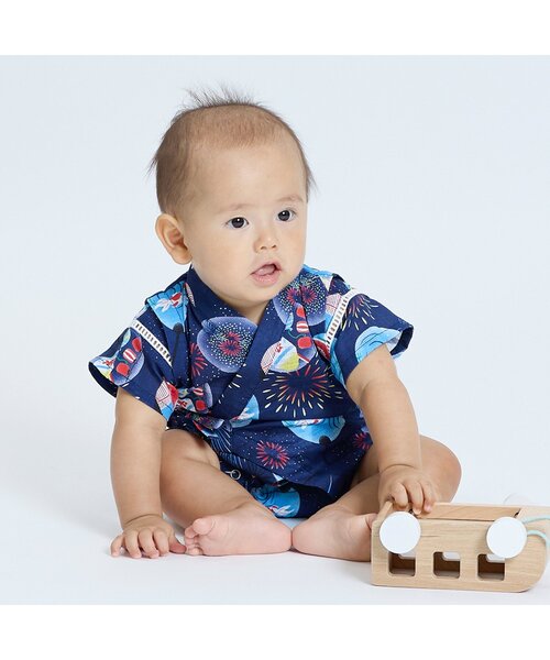 Ampersand（アンパサンド）の「粋な総柄甚平ロンパス（ロンパース・キッズ・ベージュ/ネイビー/グリーン/ライトグレー・70/80）」の5枚目の写真